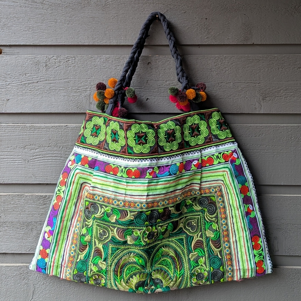Boho Embroidered Green Pattern Tote Bag